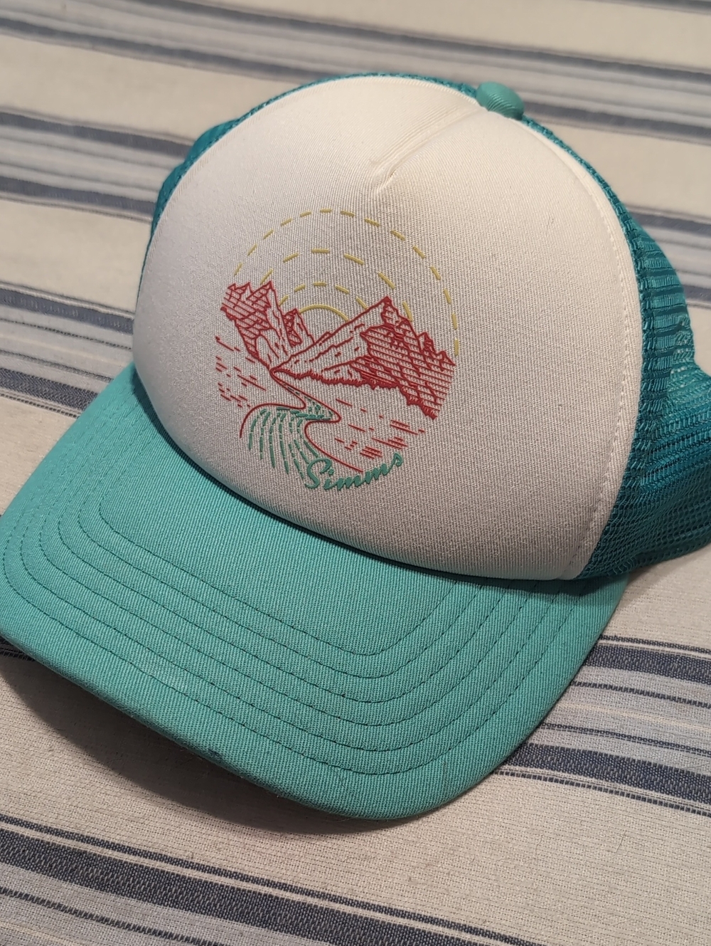 Simms Teal & White Trucker Hat with Mountain Graphic